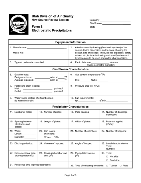 Form 8 Electrostatic Precipitators - Utah
