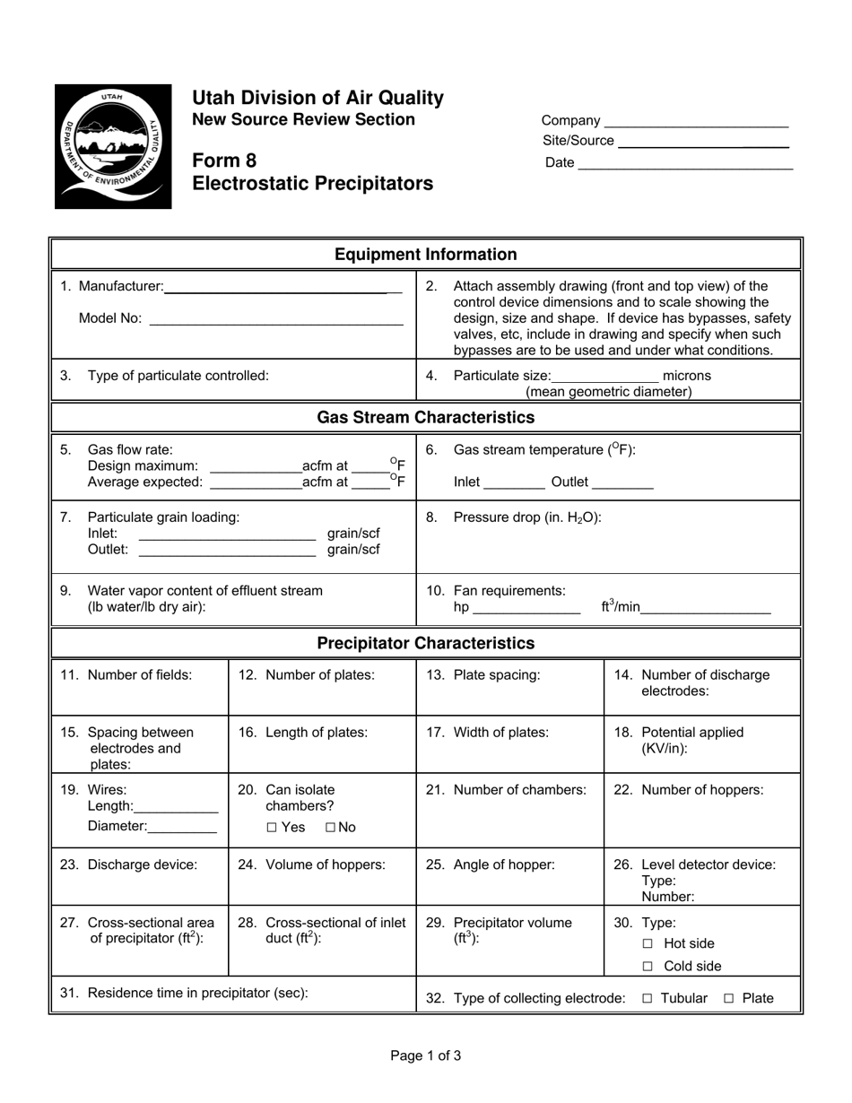 Form 8 Electrostatic Precipitators - Utah, Page 1