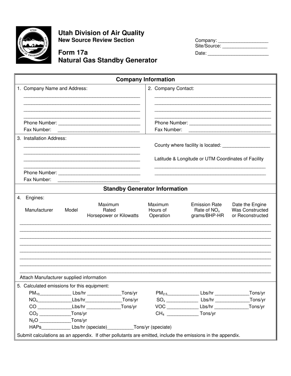 Form 17A Natural Gas Standby Generator - Utah, Page 1