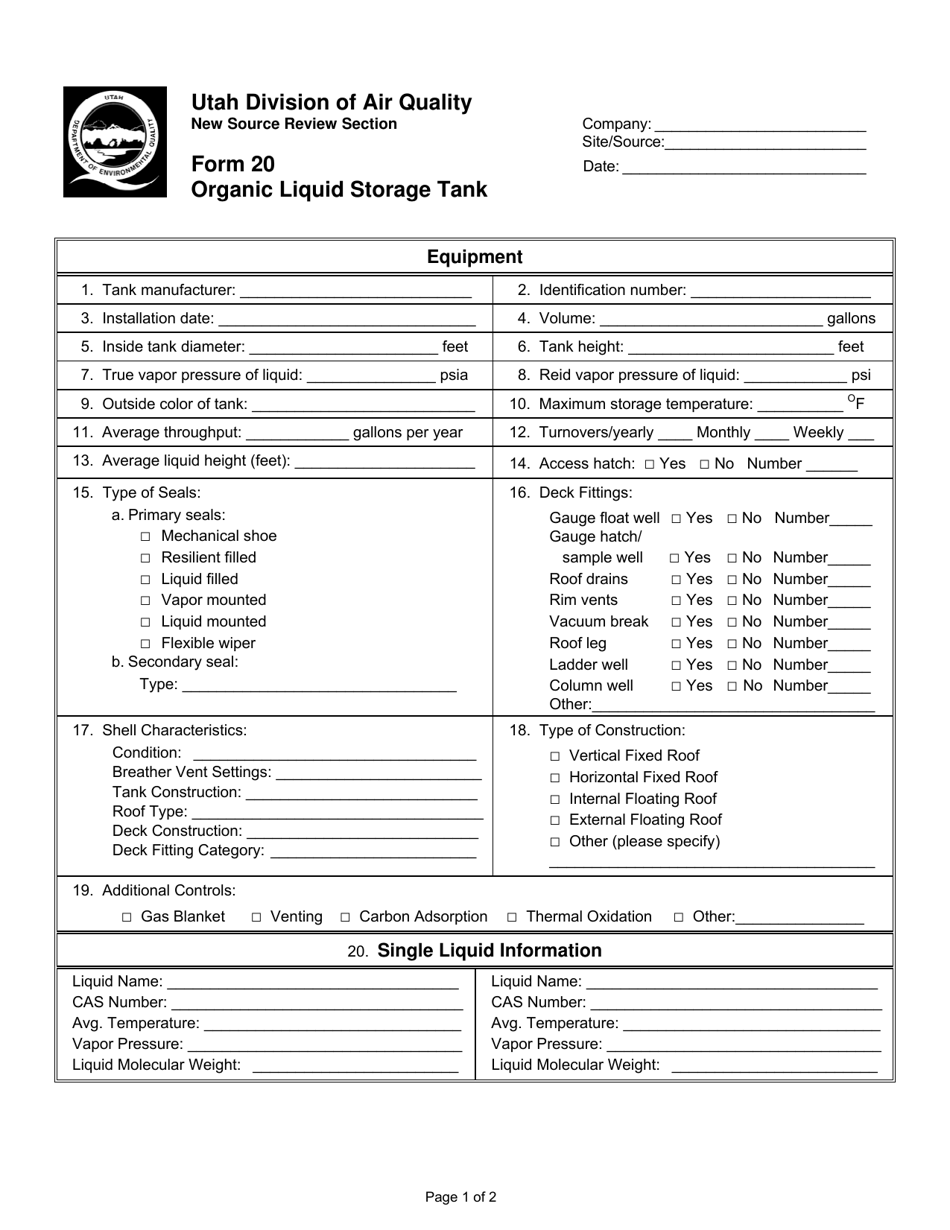 Form 20 Organic Liquid Storage Tank - Utah, Page 1