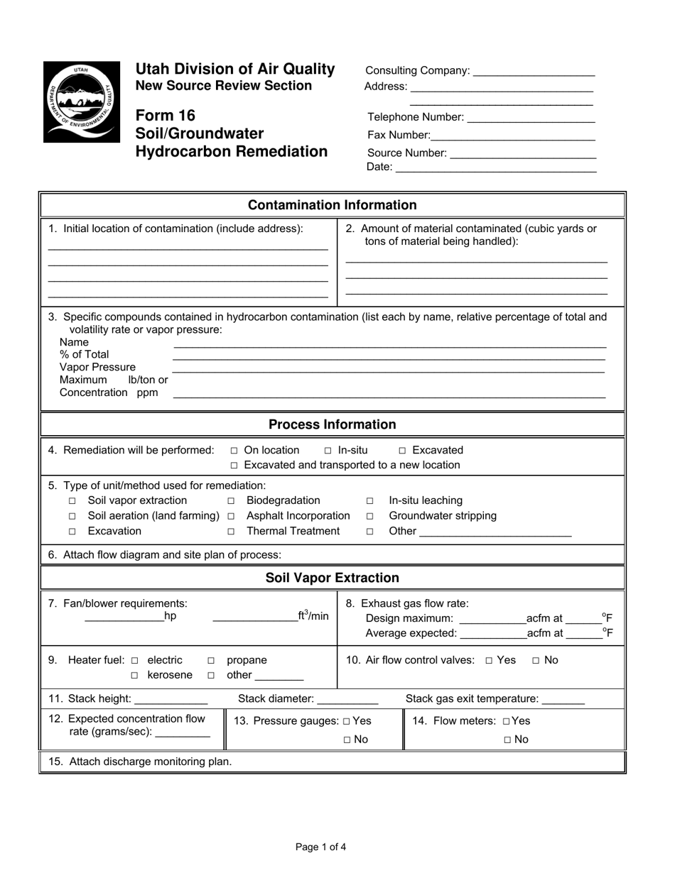 Form 16 Soil / Groundwater Hydrocarbon Remediation - Utah, Page 1