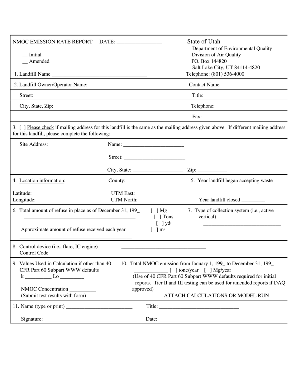Landfill Nmoc Emission Rate Report Form - Utah, Page 1