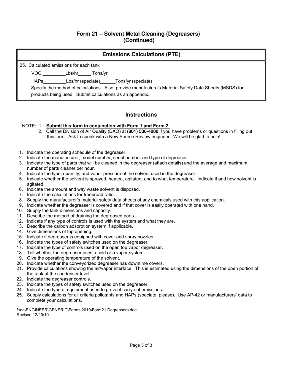 Form 21 Solvent Metal Cleaning (Degreasers) - Utah, Page 3