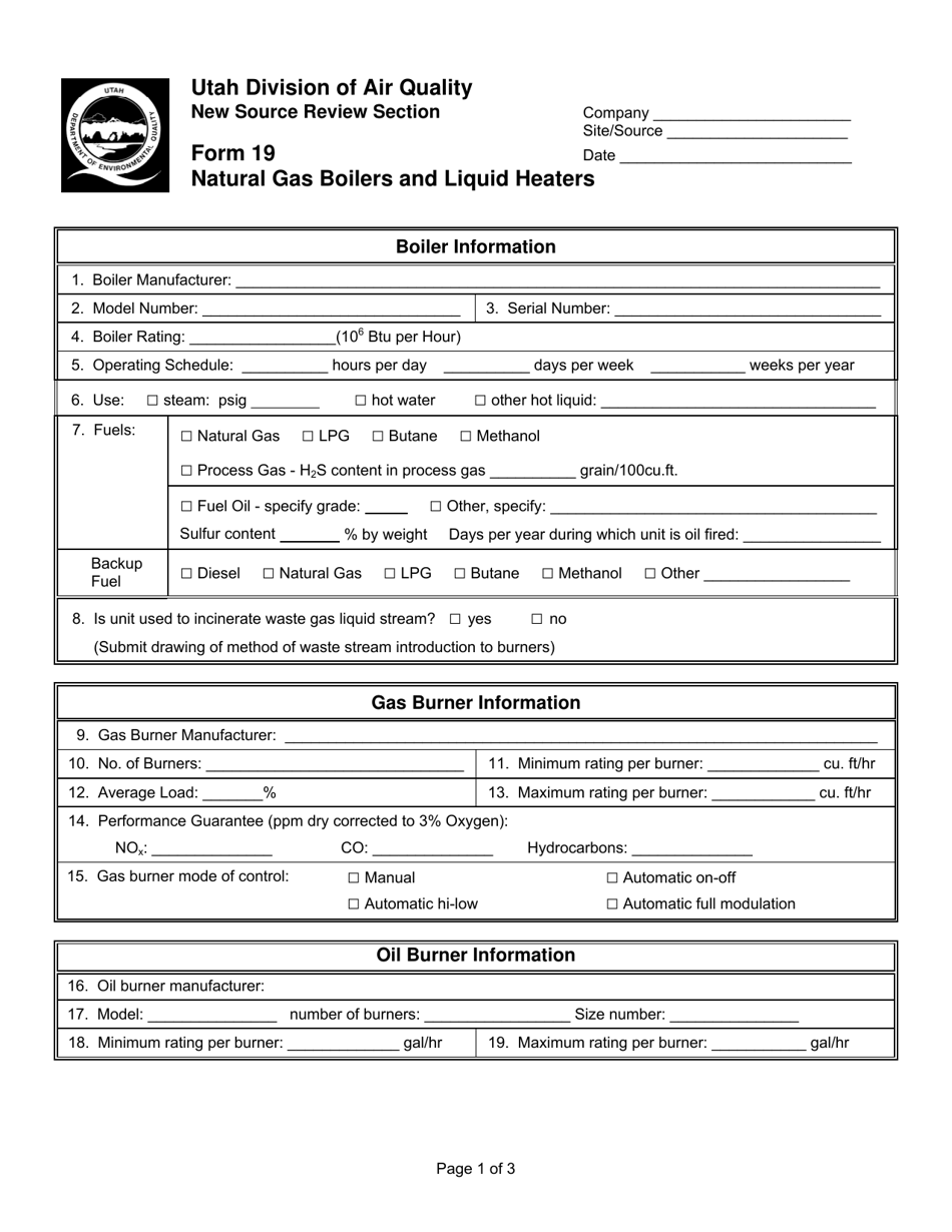 Form 19 Natural Gas Boilers and Liquid Heaters - Utah, Page 1