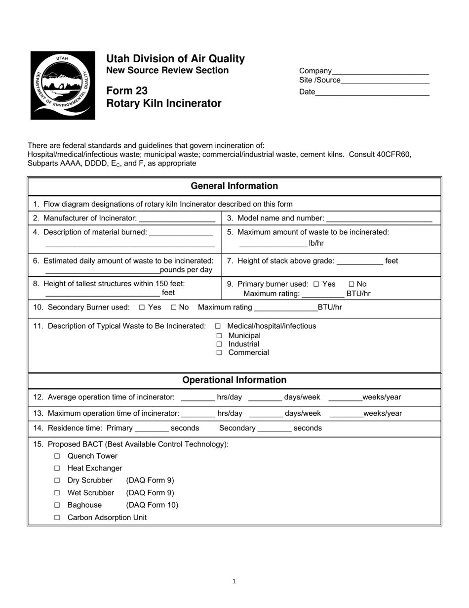 Form 23 Rotary Kiln Incinerator - Utah, Page 1