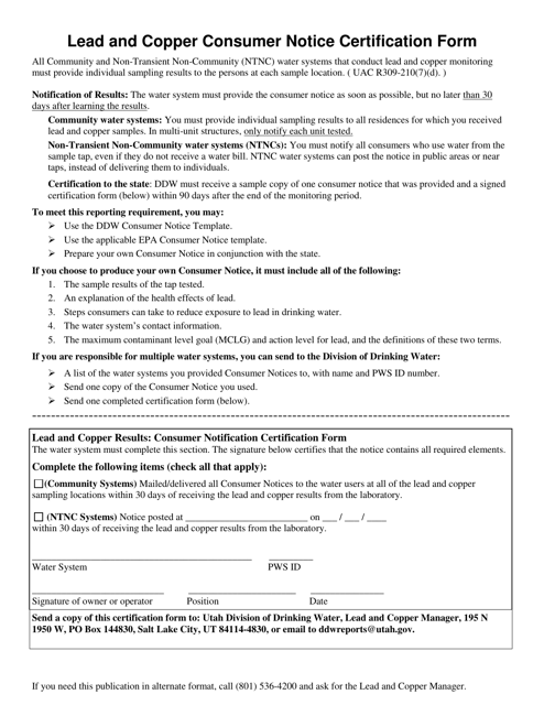 Lead and Copper Consumer Notice Certification Form - Utah Download Pdf