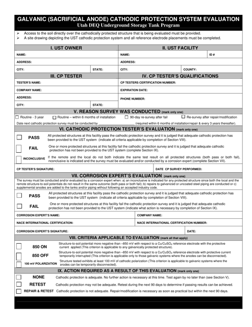 Galvanic (Sacrificial Anode) Cathodic Protection System Evaluation Form - Utah Download Pdf