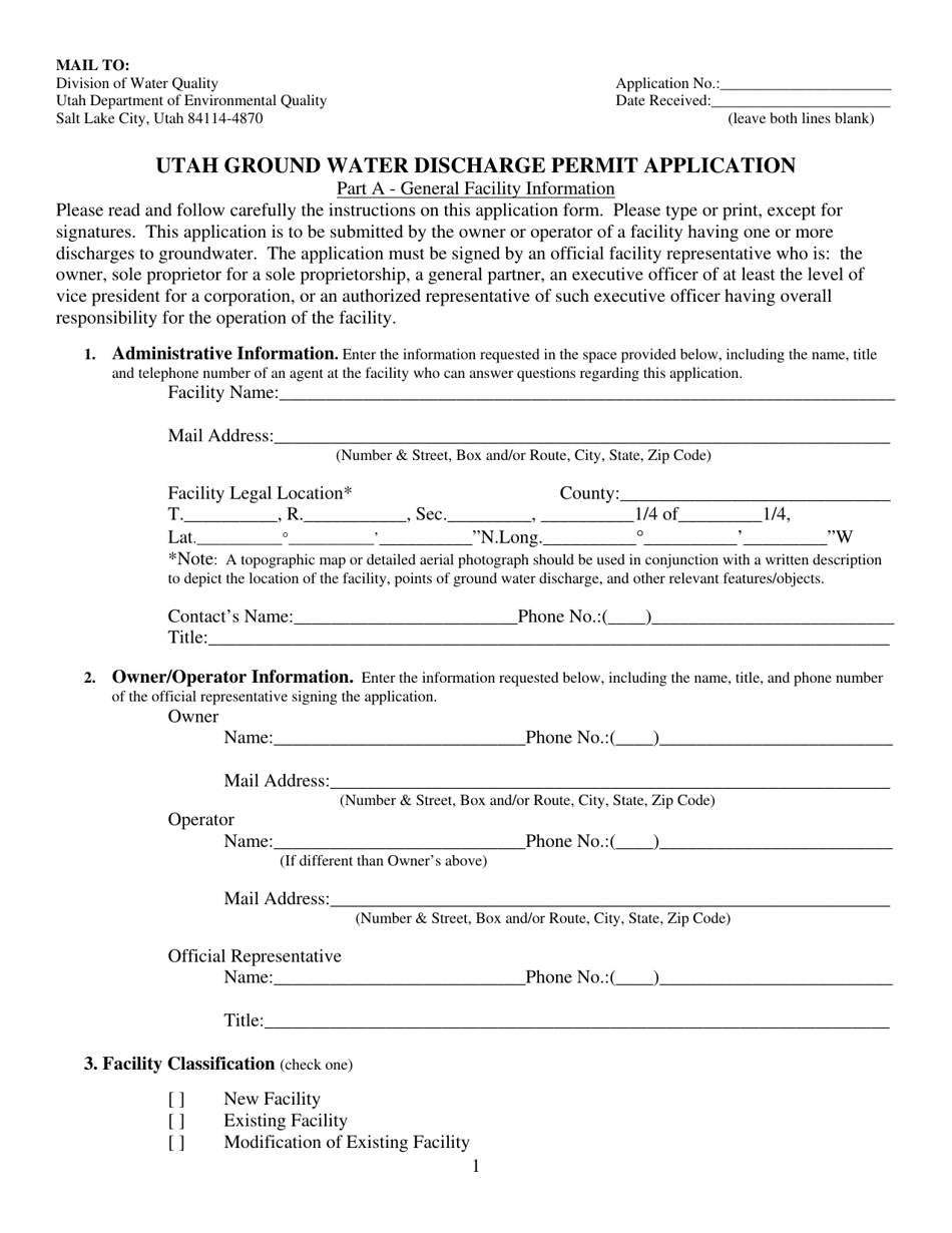 Utah Ground Water Discharge Permit Application - Utah, Page 1