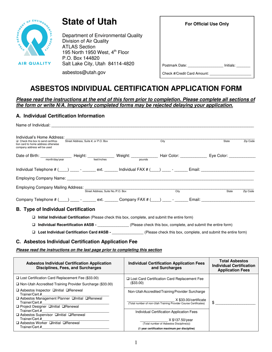Form DAQA-529-18 Asbestos Individual Certification Application Form - Utah, Page 1