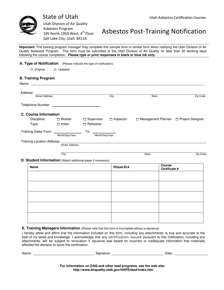 Utah Asbestos Post Training Notification Form Download Printable Pdf Templateroller