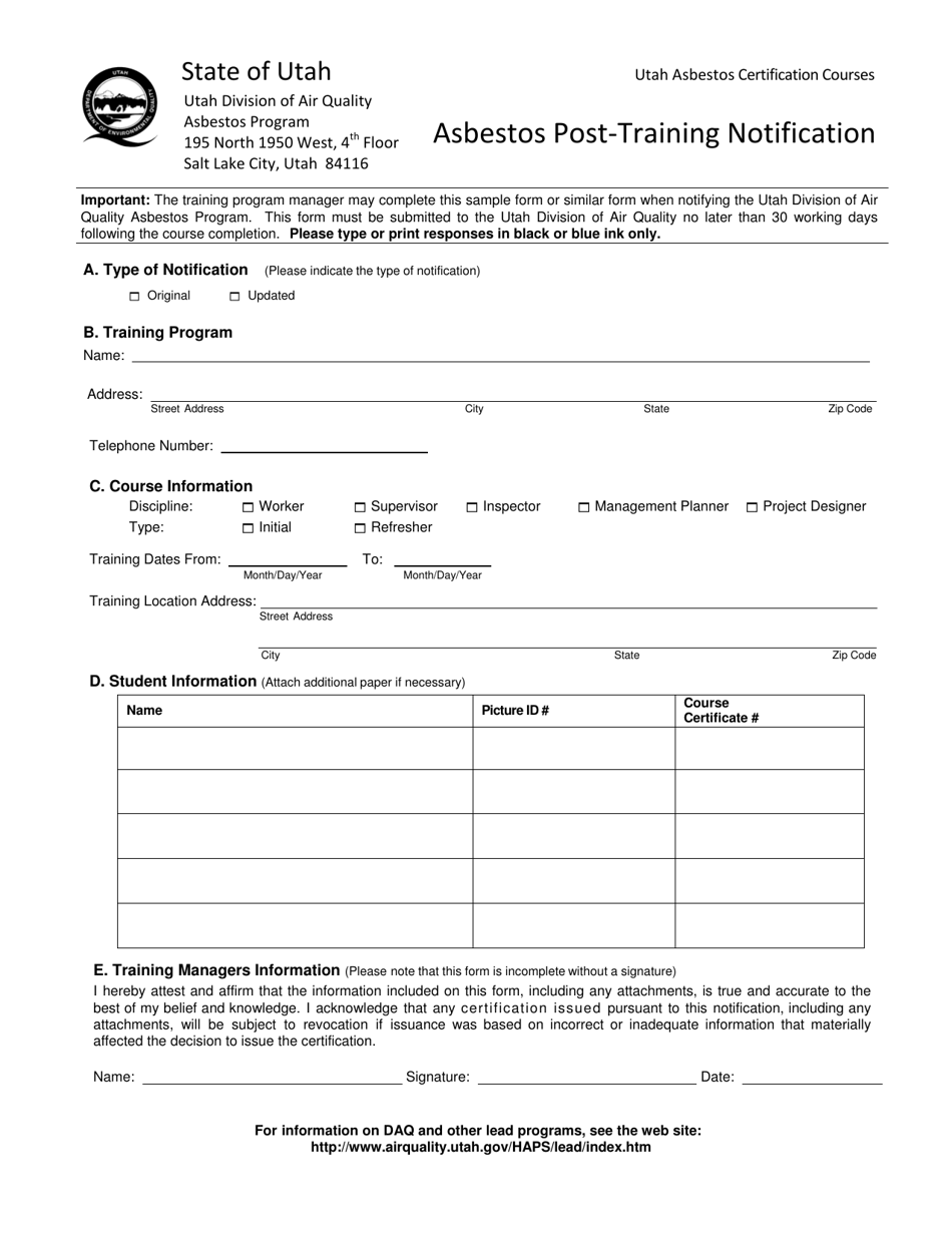 Asbestos Post-training Notification Form - Utah, Page 1
