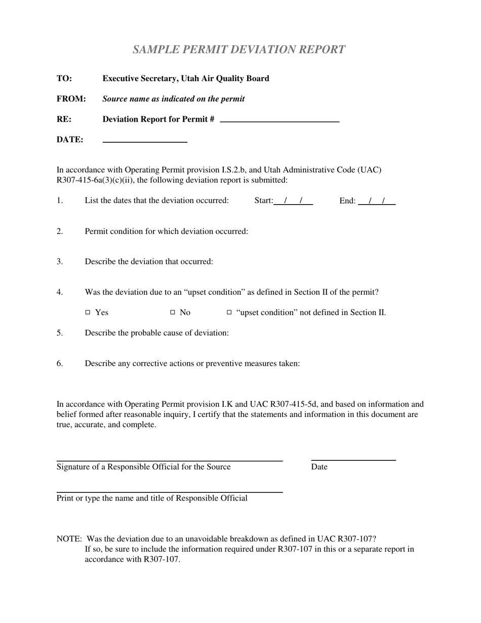 Sample Permit Deviation Report - Utah, Page 1