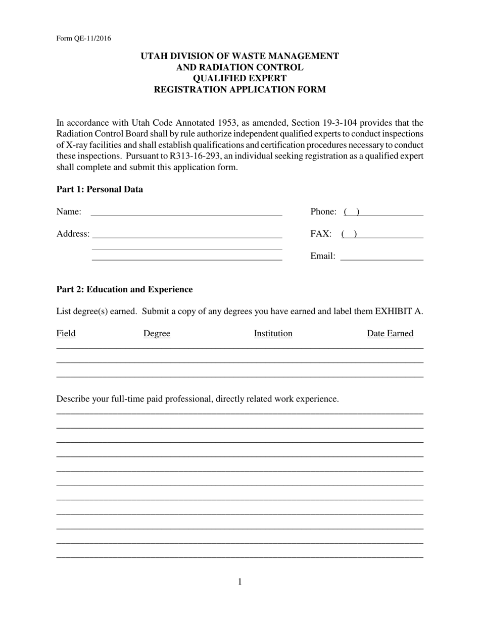 Form QE Qualified Expert Registration Application Form - Utah, Page 1