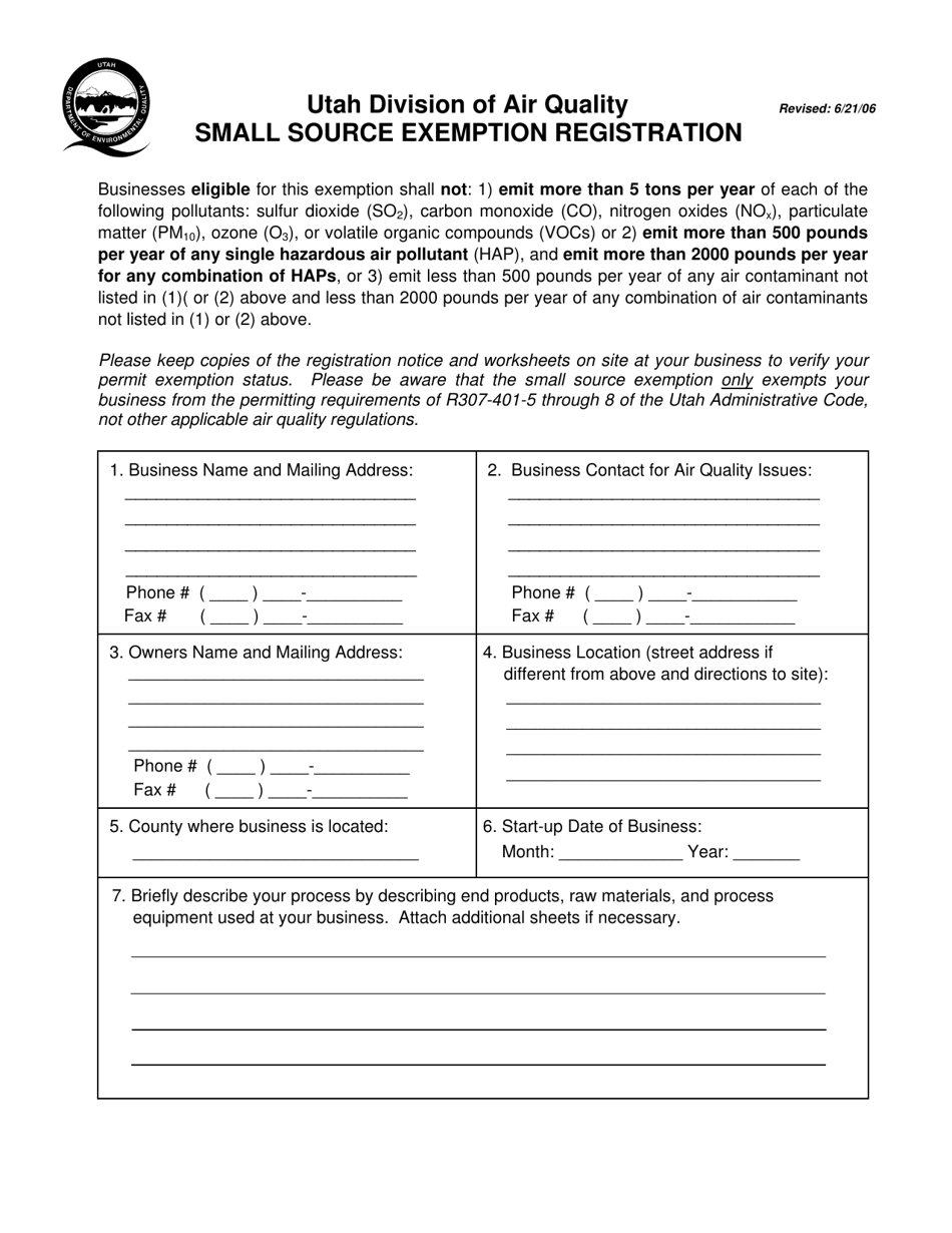 Small Source Exemption Registration Form - Utah, Page 1