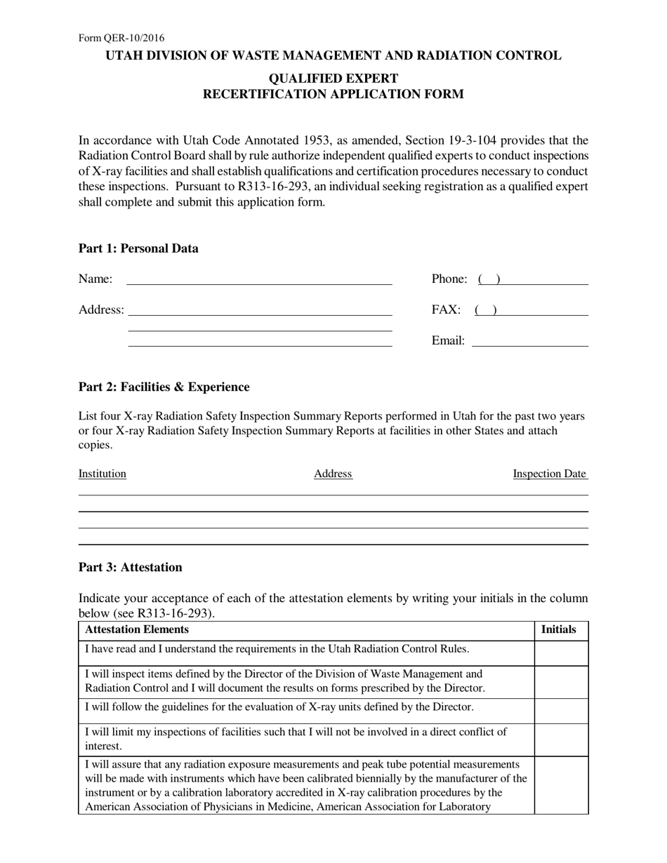 Form QER Qualified Expert Recertification Application Form - Utah, Page 1