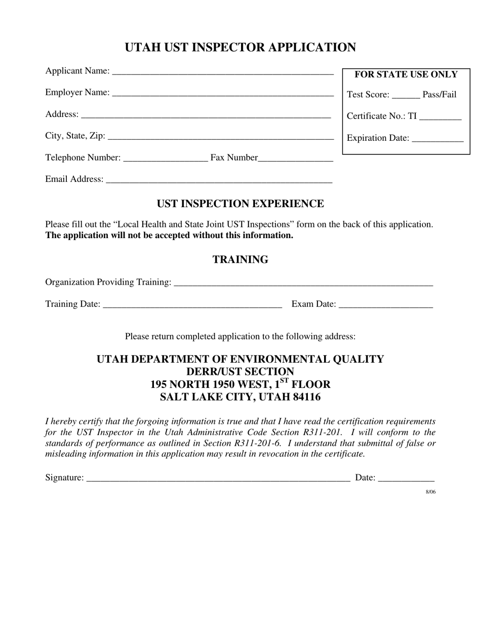 Utah Ust Inspector Application Form - Utah, Page 1