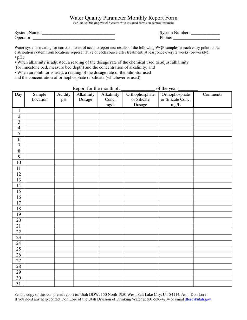 Water Quality Parameter Monthly Report Form - Utah, Page 1