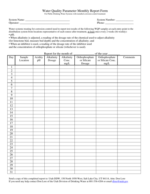 Water Quality Parameter Monthly Report Form - Utah Download Pdf