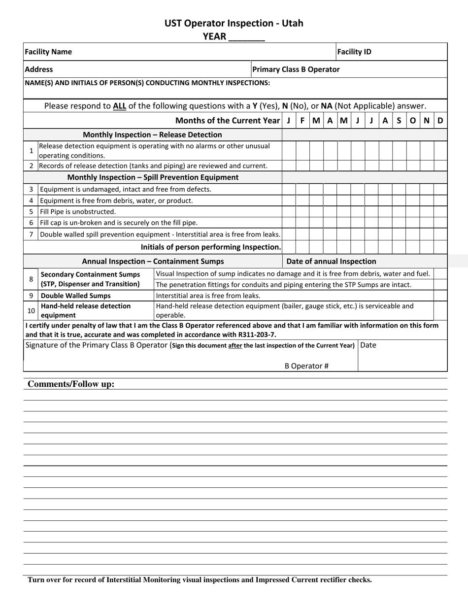Ust Operator Monthly Inspection Form - Utah, Page 1