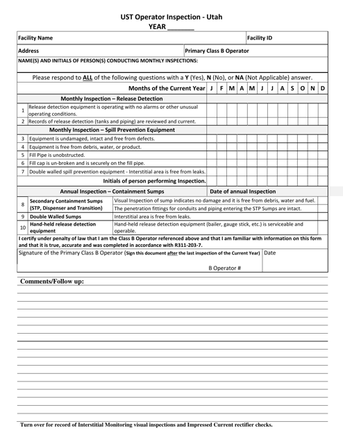Ust Operator Monthly Inspection Form - Utah Download Pdf