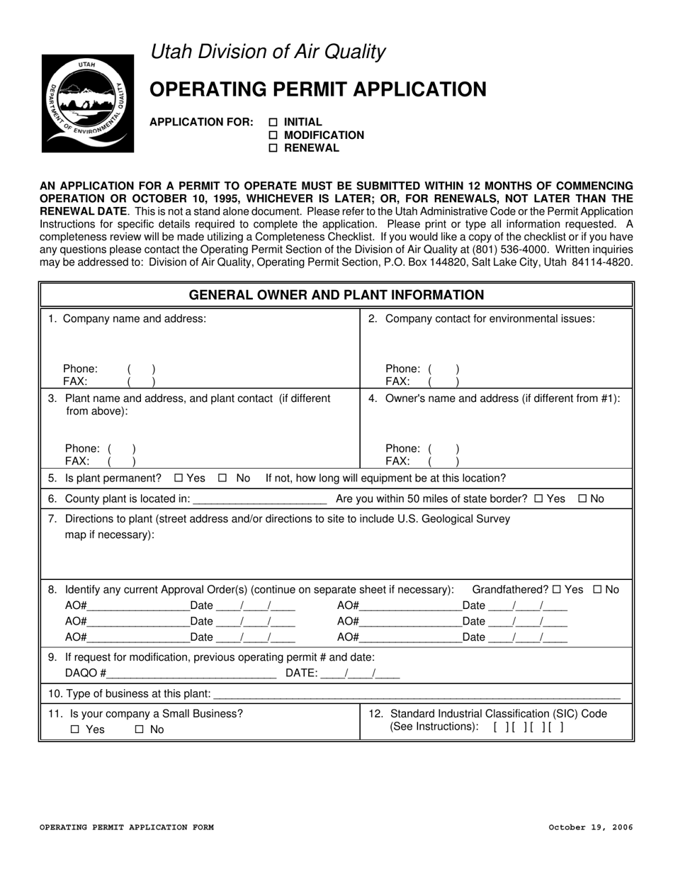Operating Permit Application Form - Utah, Page 1
