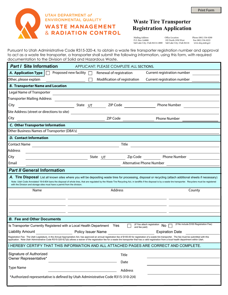 Waste Tire Transporter Registration Application Form - Utah, Page 1