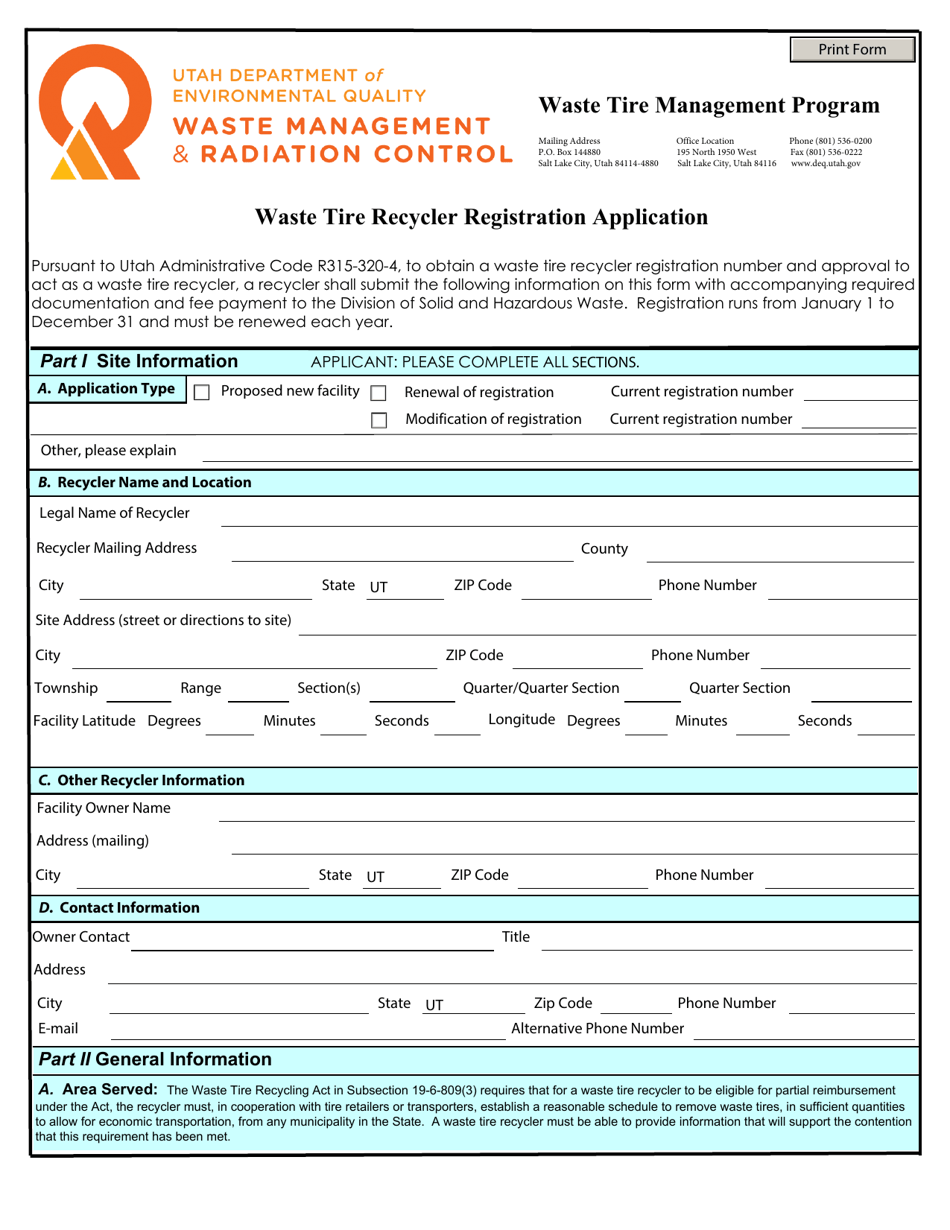 Waste Tire Recycler Registration Application Form - Utah, Page 1