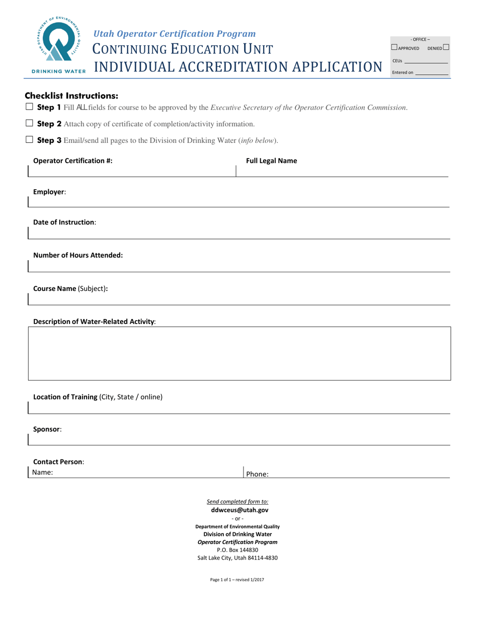 Continuing Education Unit Individual Accreditation Application Form - Utah, Page 1