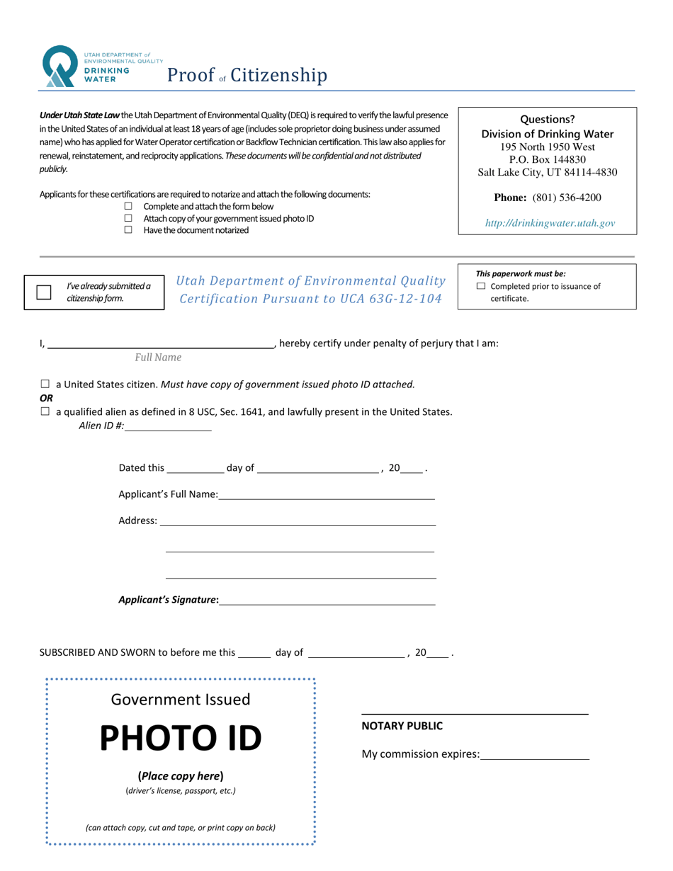Proof of Citizenship Form - Utah, Page 1