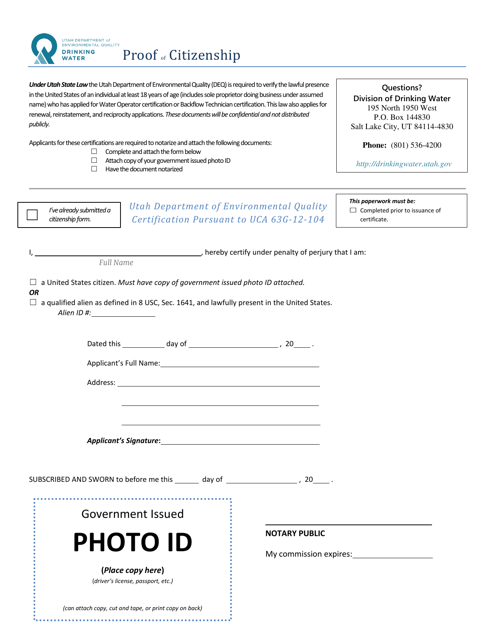 Proof of Citizenship Form - Utah Download Pdf