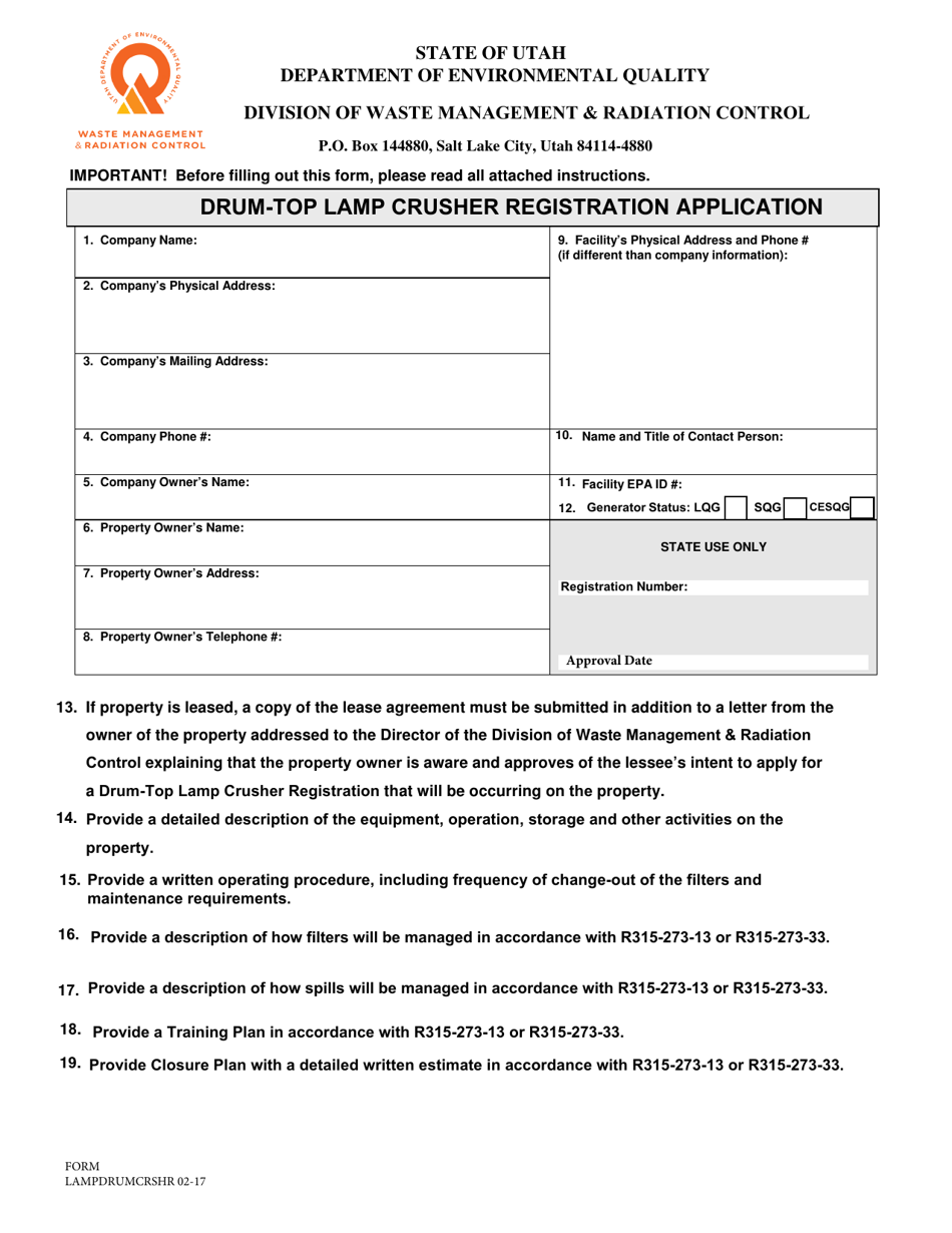 Drum-Top Lamp Crusher Registration Application - Utah, Page 1
