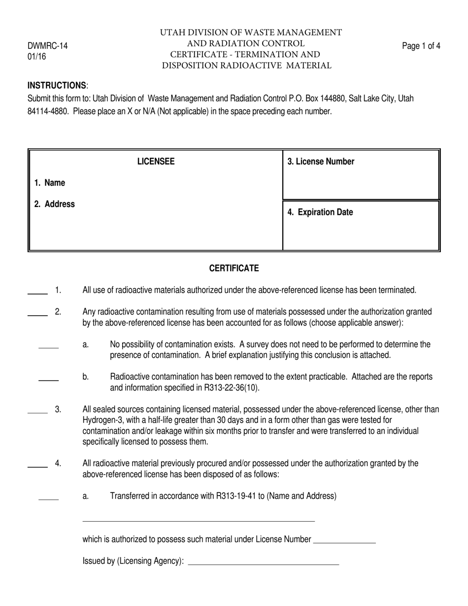 Form DWMRC-14 Radioactive Material License Termination - Utah, Page 1
