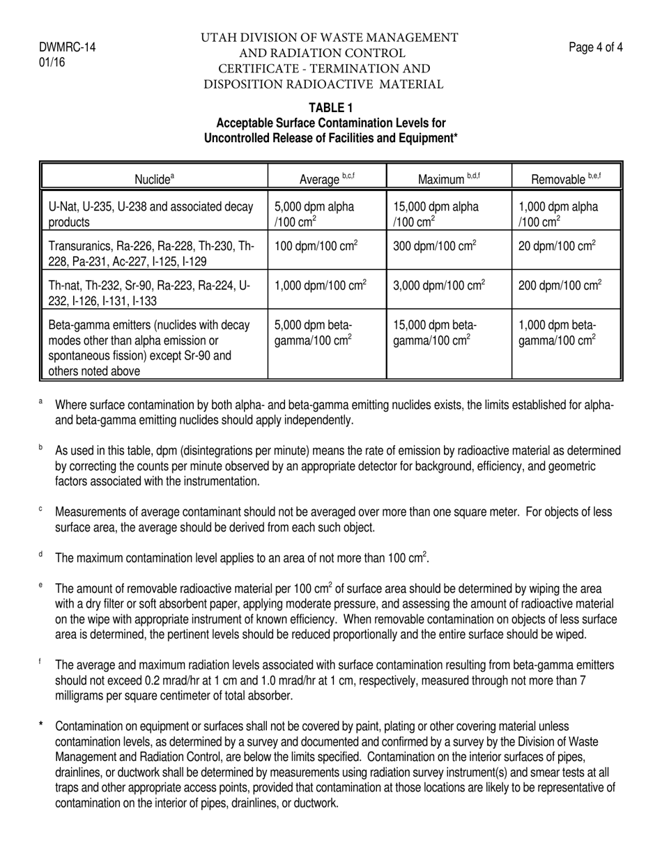 Form DWMRC-14 Radioactive Material License Termination - Utah, Page 4