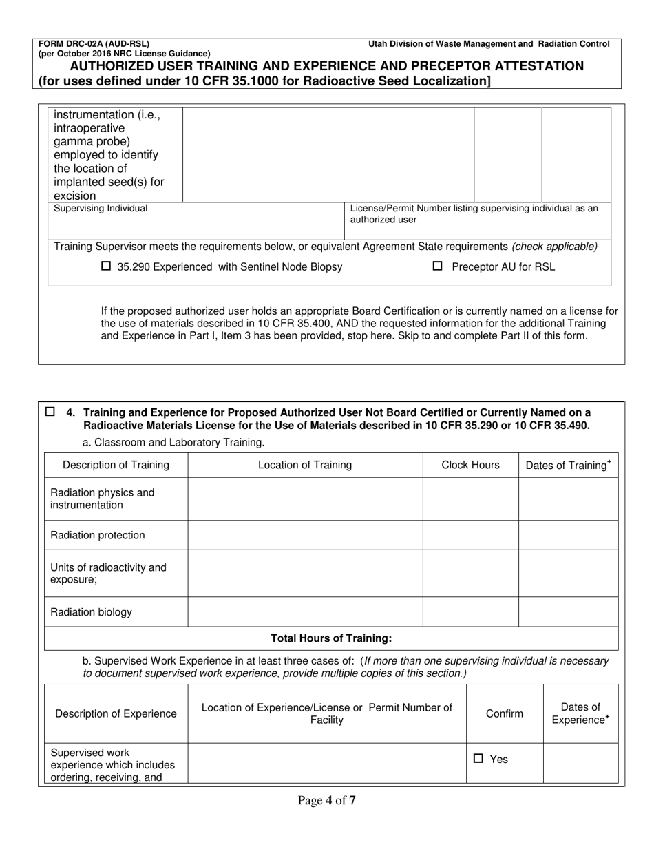 Form DRC-02A (AUD-RSL) Authorized User Training and Experience and Preceptor Attestation for Uses Defined Under 10 Cfr 35.1000 for Radioactive Seed Localization - Utah, Page 4