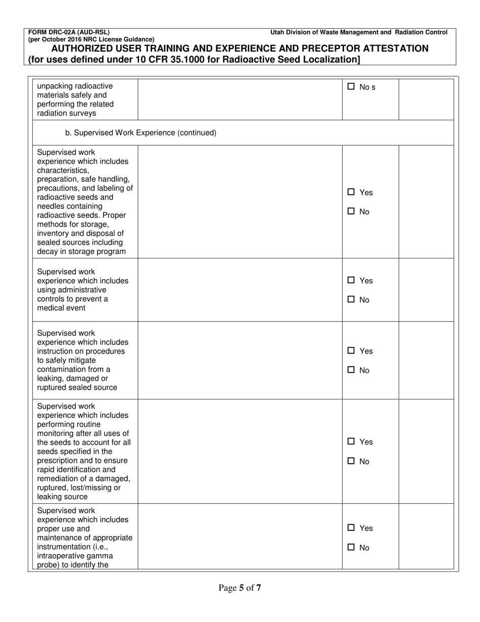Form DRC-02A (AUD-RSL) Authorized User Training and Experience and Preceptor Attestation for Uses Defined Under 10 Cfr 35.1000 for Radioactive Seed Localization - Utah, Page 5