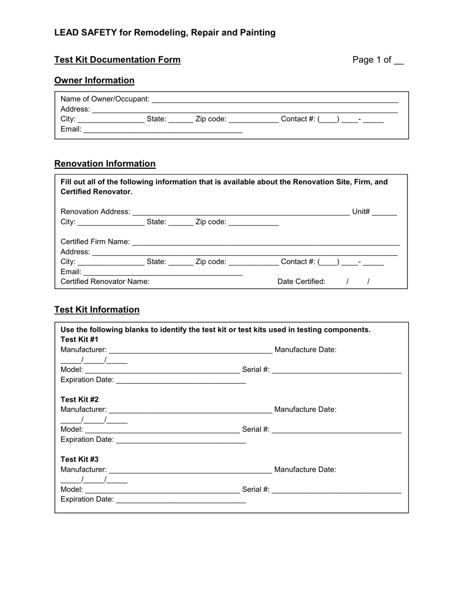 Test Kit Documentation Form - Utah, Page 1