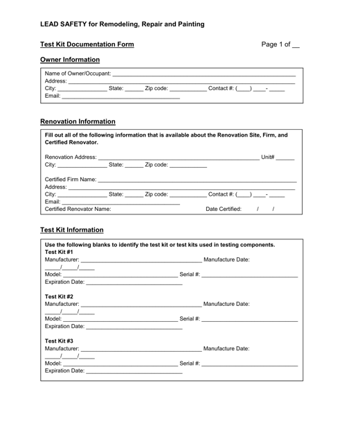Test Kit Documentation Form - Utah