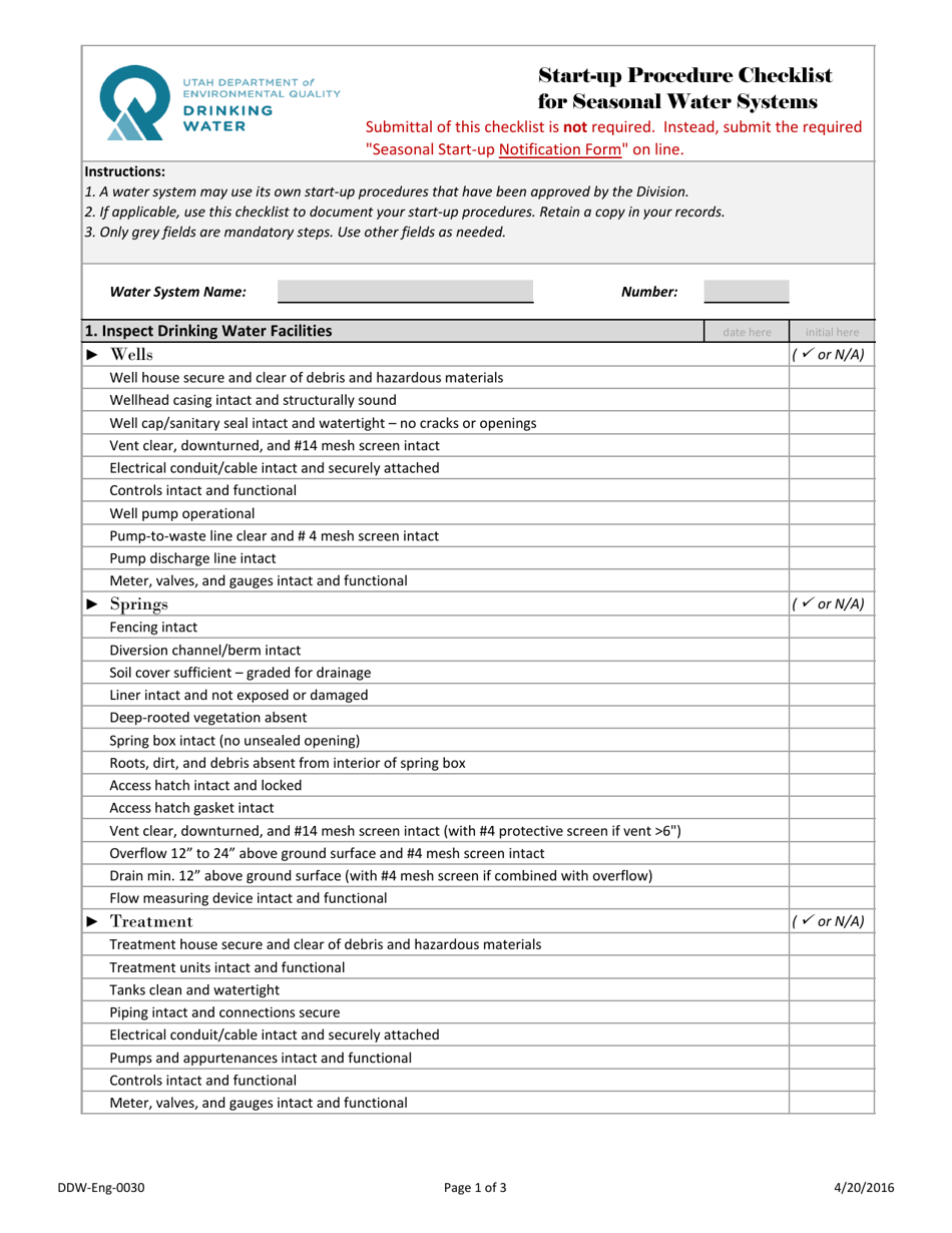 Form DDW-Eng-0030 Start-Up Procedure Checklist for Seasonal Water Systems - Utah, Page 1