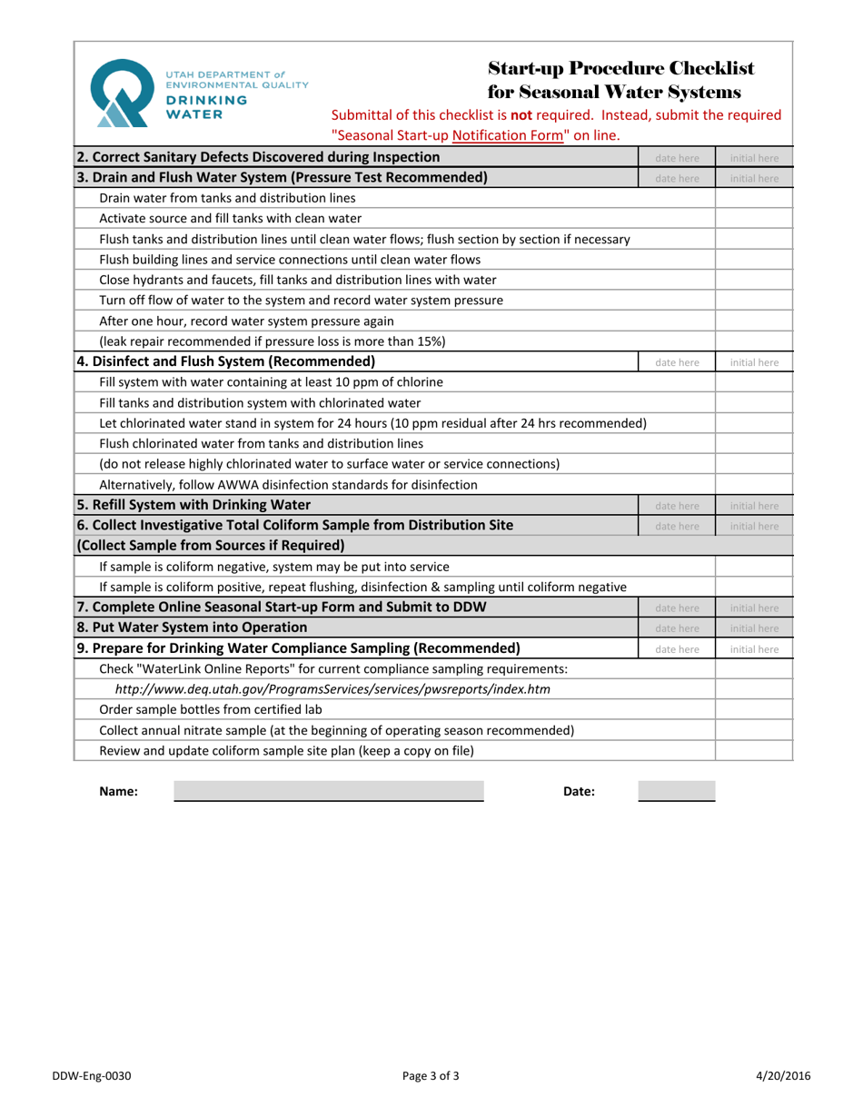 Form DDW-Eng-0030 Start-Up Procedure Checklist for Seasonal Water Systems - Utah, Page 3