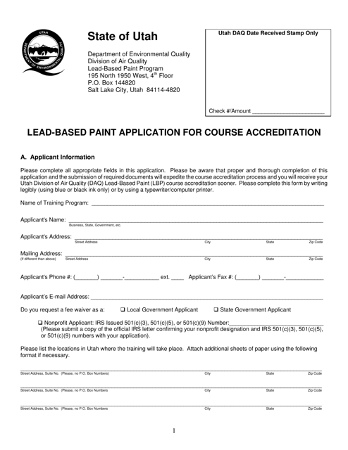 Form DAQA-289-10 Lead-Based Paint Application for Course Accreditation - Utah