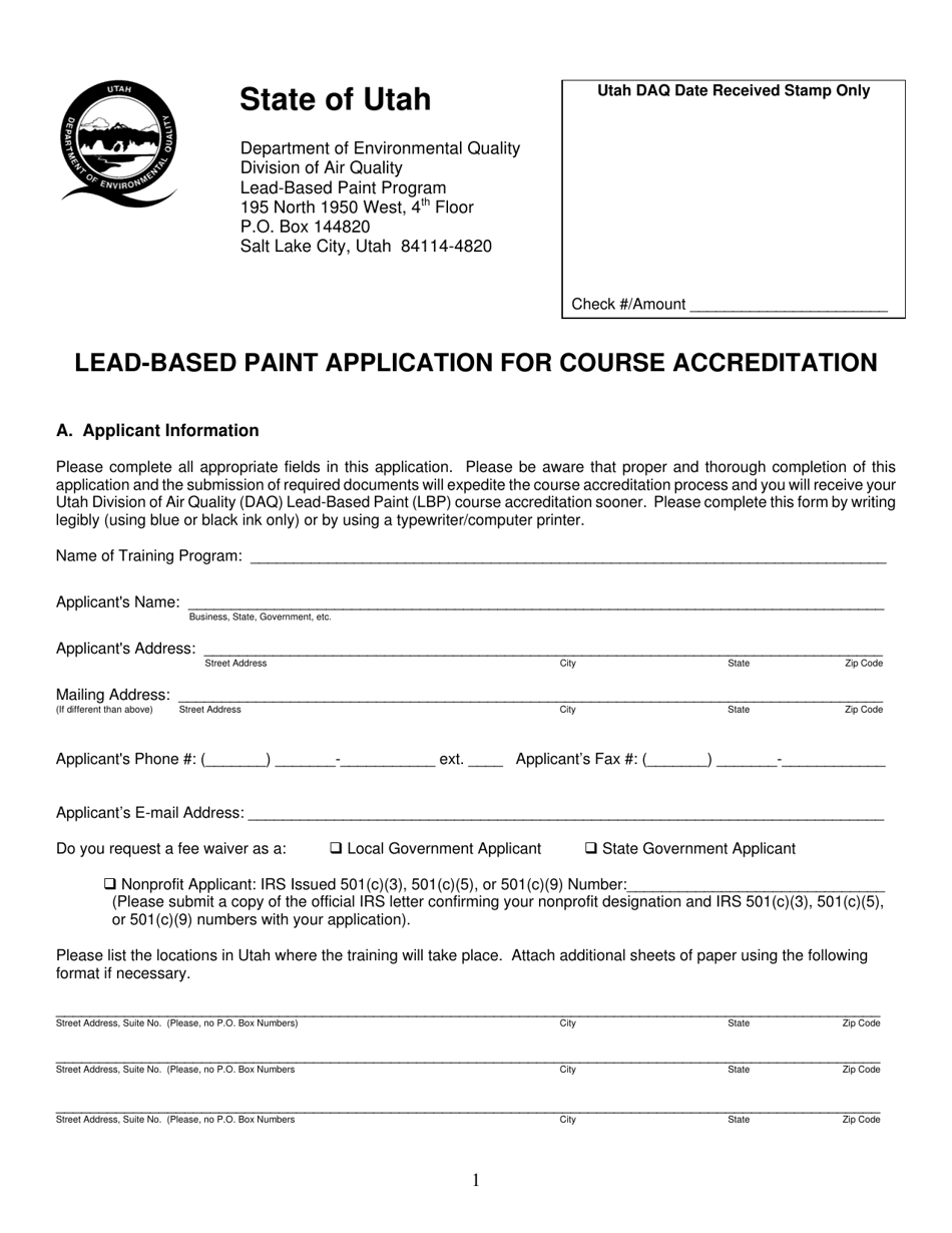 Form DAQA-289-10 Lead-Based Paint Application for Course Accreditation - Utah, Page 1