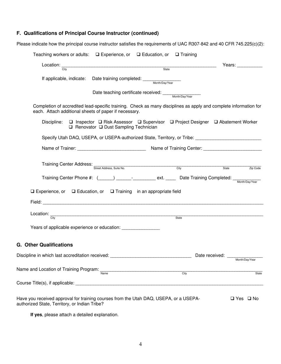 Form DAQA-289-10 Lead-Based Paint Application for Course Accreditation - Utah, Page 4
