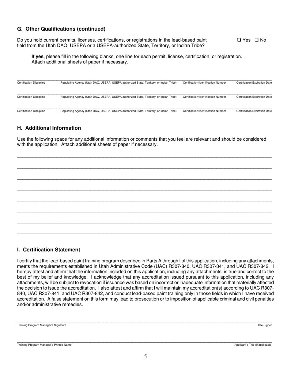 Form DAQA-289-10 Lead-Based Paint Application for Course Accreditation - Utah, Page 5