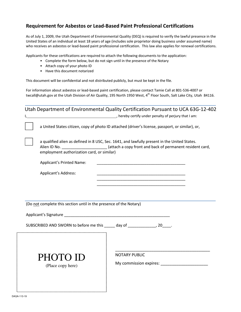 Form DAQA-113 Requirement for Asbestos or Lead-based Paint Professional Certifications - Utah, Page 1