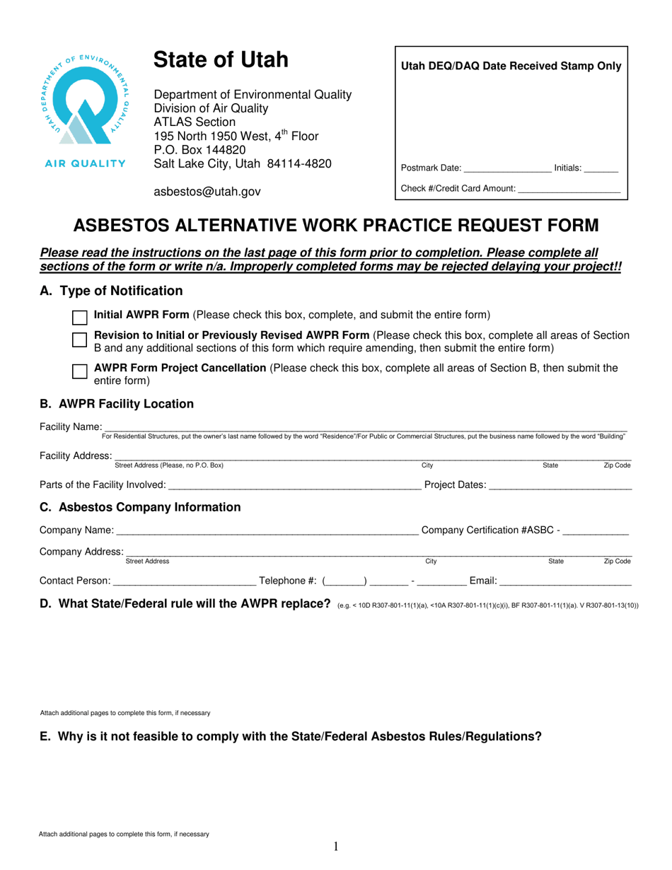 Form DAQA-025-18 Asbestos Alternative Work Practice Request Form - Utah, Page 1
