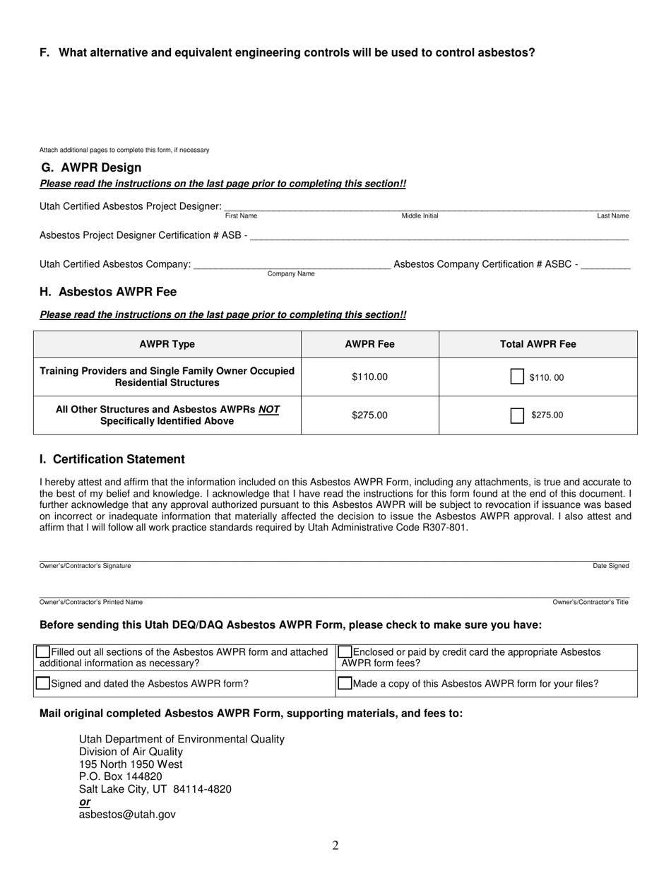 Form DAQA-025-18 Asbestos Alternative Work Practice Request Form - Utah, Page 2