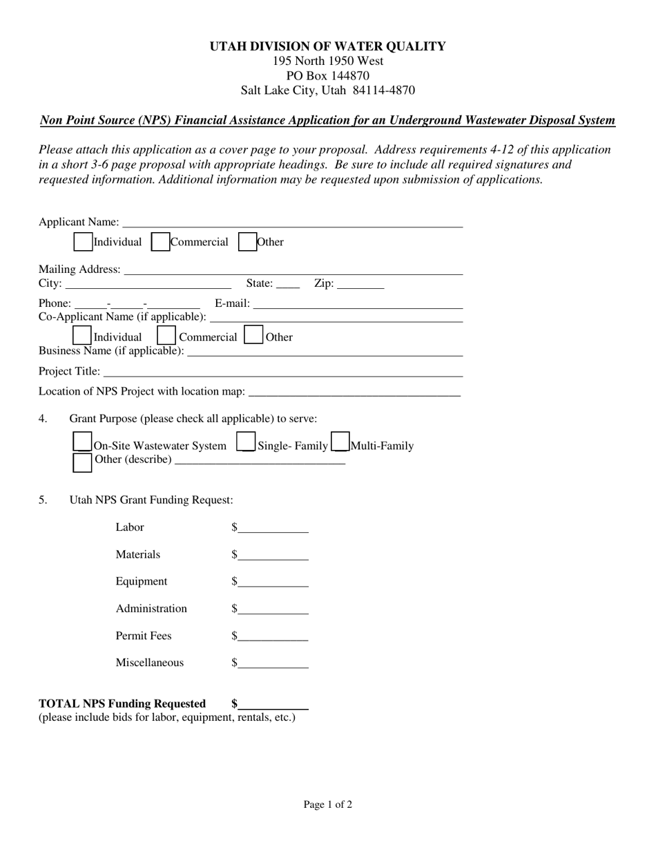 Non Point Source (Nps) Financial Assistance Application for an Underground Wastewater Disposal System - Utah, Page 1