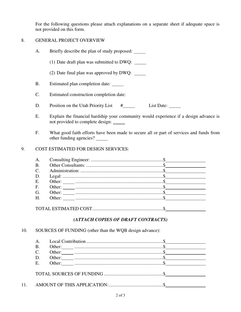 Application Form for Hardship Design Advance From the Utah State Water Quality Board - Utah, Page 2