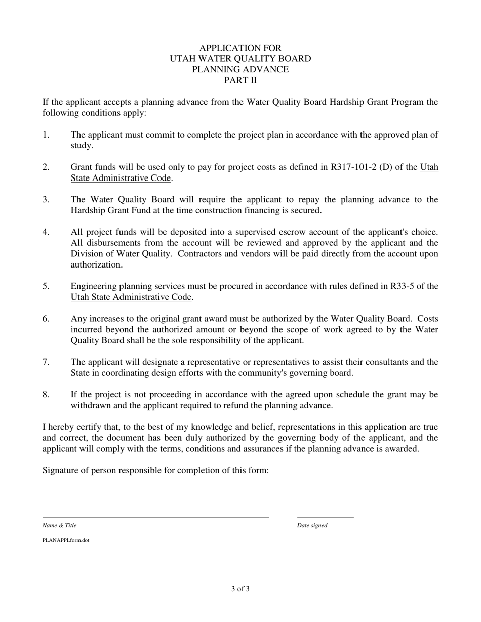 Application Form for Hardship Planning Advance From the Utah State Water Quality Board - Utah, Page 3