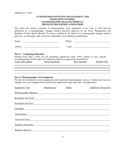 Mammography Imaging Medical Physicist Recertification Form - Utah Download Pdf